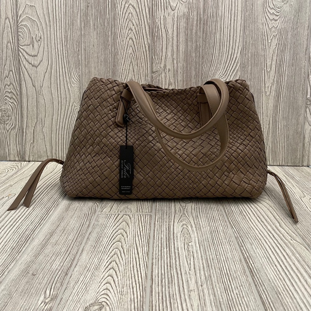 FALOR Taupe Woven Leather Handbag Made In Italy F1716